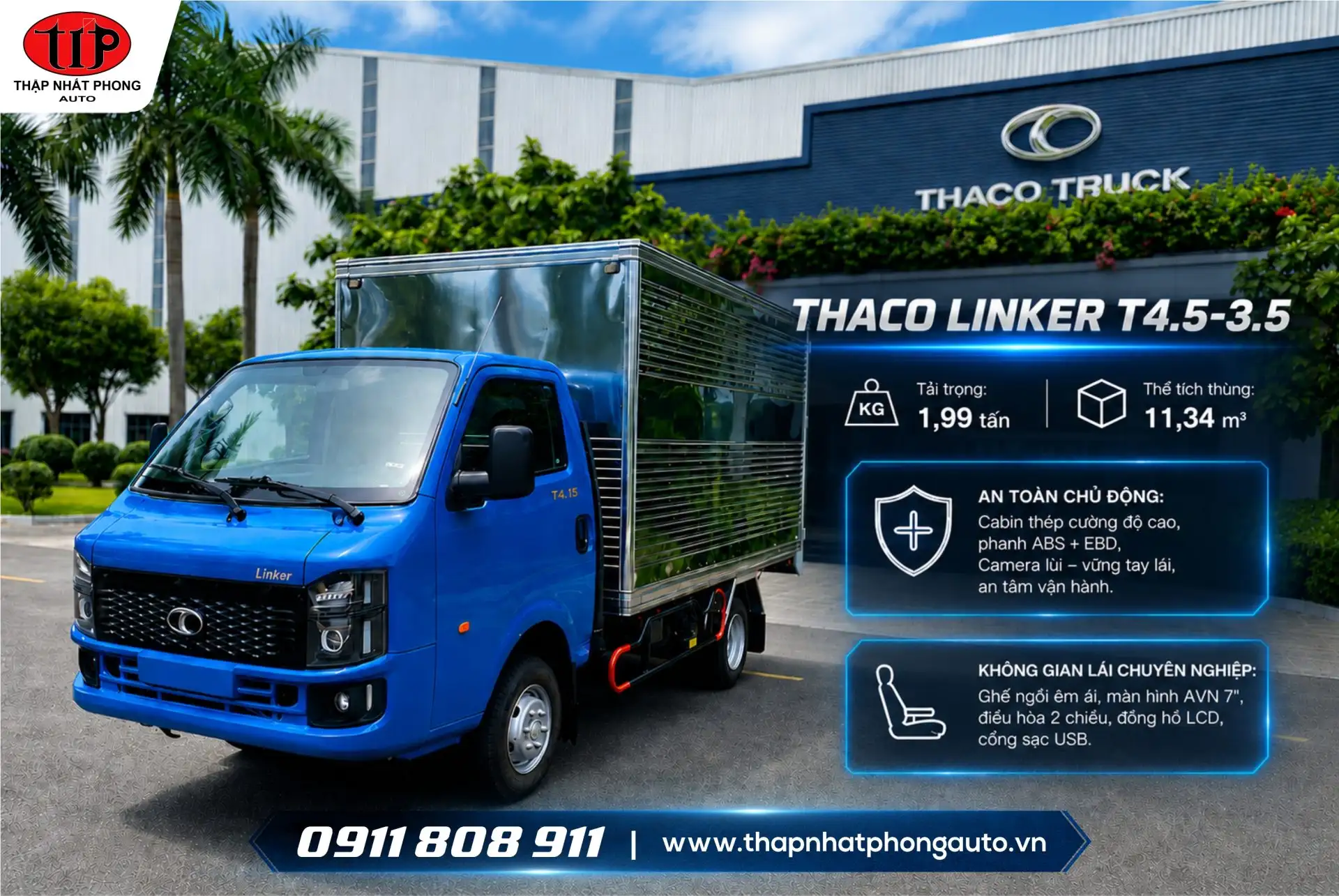Khám phá xe tải THACO LINKER T4.5-3.5, tải 1,99 tấn, thùng 11,34 m³, tiết kiệm nhiên liệu, phù hợp đầu tư vận tải hiệu quả.