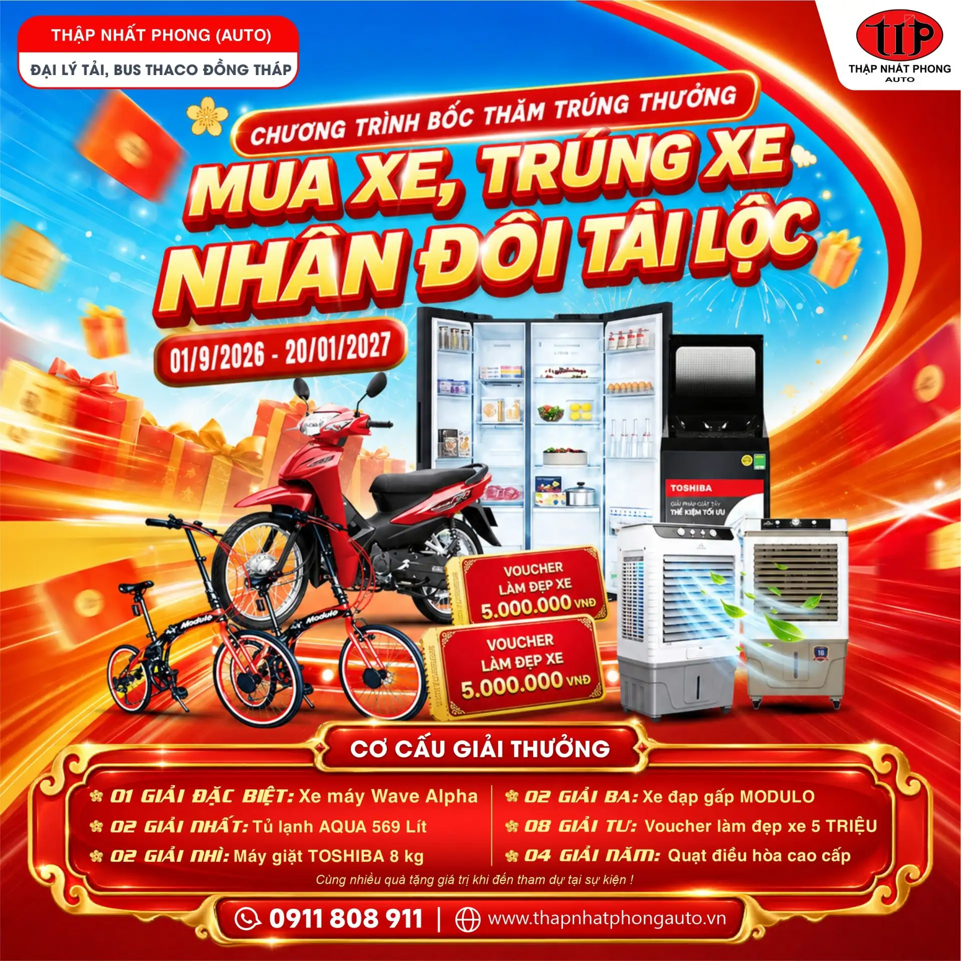 Mua xe trúng xe tại THACO Đồng Tháp, cơ hội nhận Honda Wave Alpha, tủ lạnh, máy giặt, xe điện, TV và nhiều quà tặng hấp dẫn.